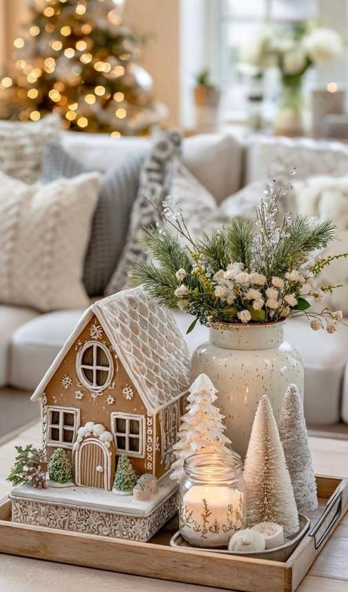 Wood tray with a ceramic gingerbread house and bottle brush trees