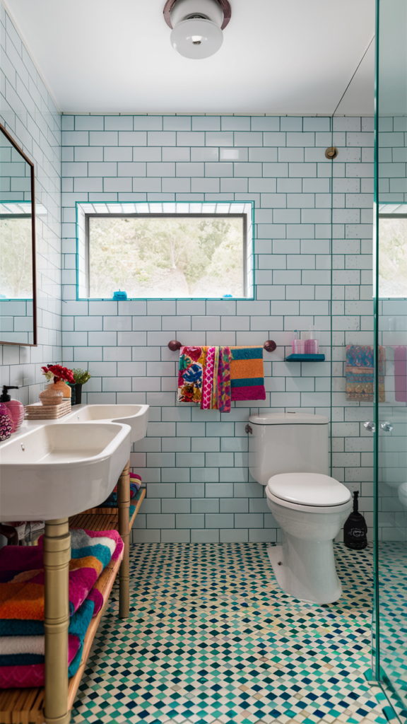 a colourful and playful bathroom containing beautiful tiles