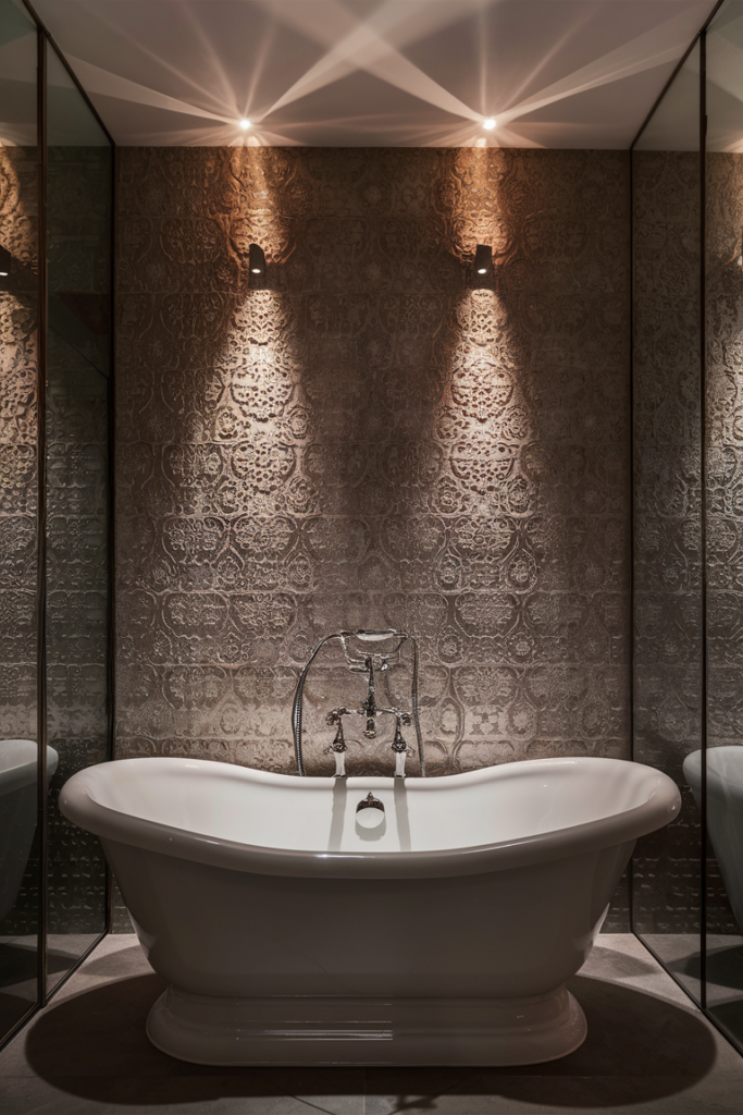 A bathroom with stunning accent lighting highlighting unique features like a textured tile wall or a statement bathtub. The lighting adds depth and drama.

