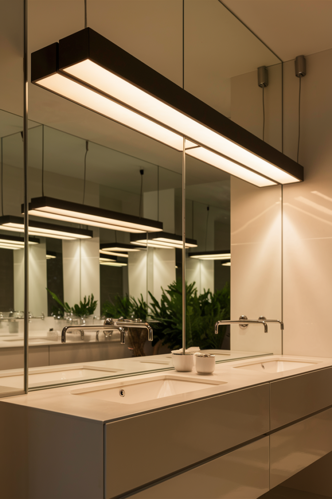 A bathroom with a sleek horizontal light bar above the mirror, providing even illumination for grooming. The light is soft but bright enough for daily tasks.