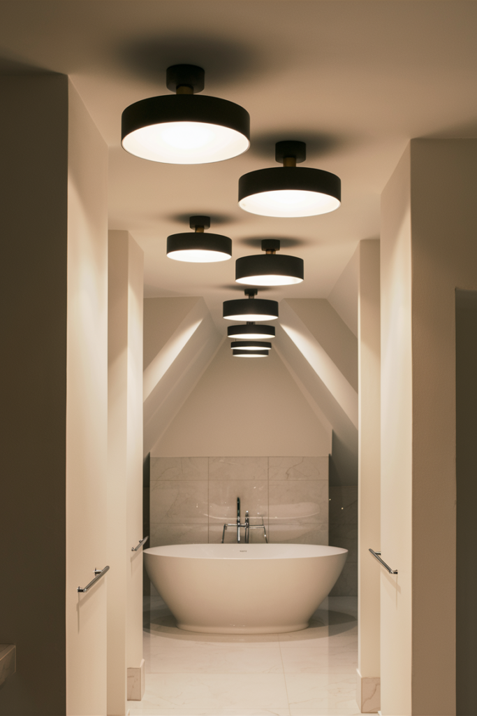 A chic bathroom with stylish flush-mount ceiling lights, perfect for low ceilings. The fixtures provide ample brightness while maintaining a sleek look.