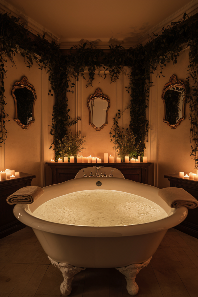 A relaxing spa-style bathroom with flickering candlelight around a bathtub. The warm, ambient glow creates a cozy and calming atmosphere.