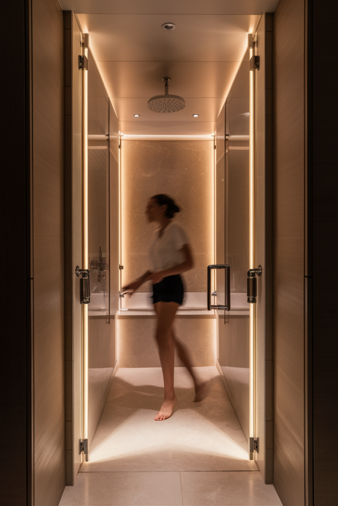  A modern bathroom equipped with motion-sensor lighting. A soft, automatic glow turns on as someone enters, providing convenience and energy efficiency.

