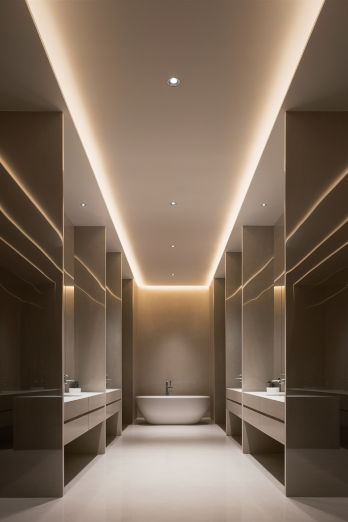 A minimalist bathroom featuring recessed ceiling lights, creating a clean, modern aesthetic. The soft glow evenly illuminates the space without visible fixtures.

