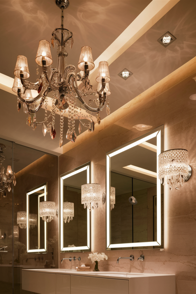 A bathroom showcasing a mix of lighting styles—pendants, sconces, LED mirrors, and recessed lights—working together to create a beautifully illuminated space.