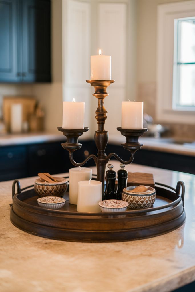 a vintage tray with candles to decorate kitchen