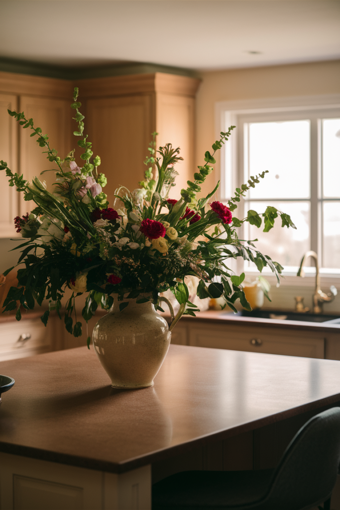 A vase full of flowers adding fresh touch to the kitchen.