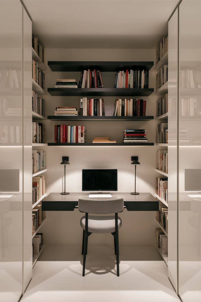 A modern home office setup featuring a sleek, wall-mounted desk with a minimalist design. Above the desk, floating shelves hold books and decorative pieces. The space is well-lit, and the surrounding area is free from clutter, creating an efficient and stylish workspace.