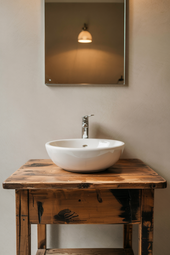 An old wooden table repurposed as a vanity in a wabi-sabi bathroom. The worn wood and handmade ceramic sink create an earthy, organic look.

